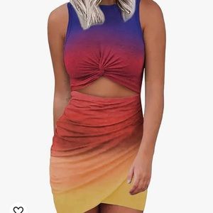 Rainbow gradient cut out ruched mini dress size medium